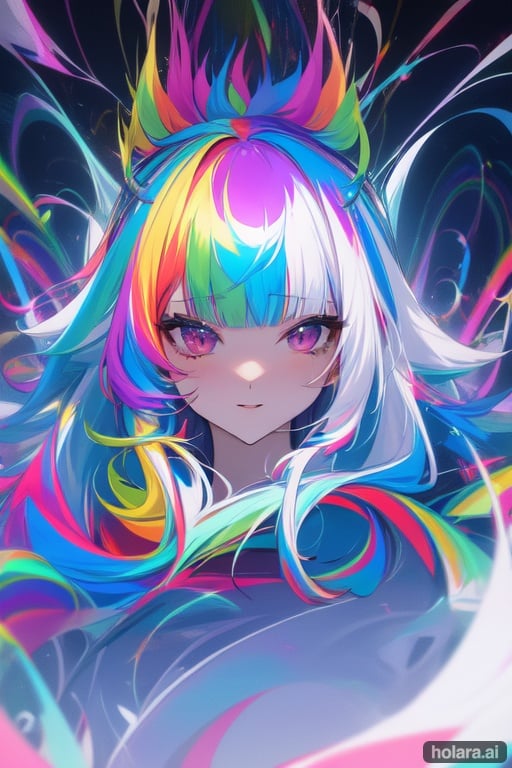 Image of abstraction, magic, elemental, rainbow tones, peekaboo multicolored hair++, white hair, blunt bangs, sky