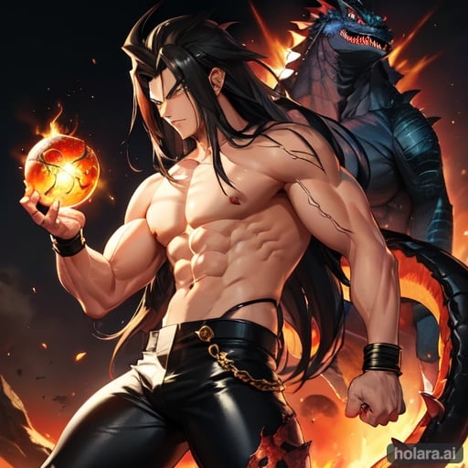 Image of Lizard like black scale guy, disheveled long black hair, muscular, veins glowing, leather pants, no shirt, Godzilla spikes on his back, gogeta in ssj4, scales on his skin.