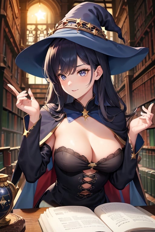 Image of academic, old library++, victorian, witch++, wiccan, (dark blue hair)+, starry, celestial, ancient, zodiac, rustic, medieval, midnight+, stars, moon, runes, magic, floating, 4K+, sexy++, (stars in hair)++