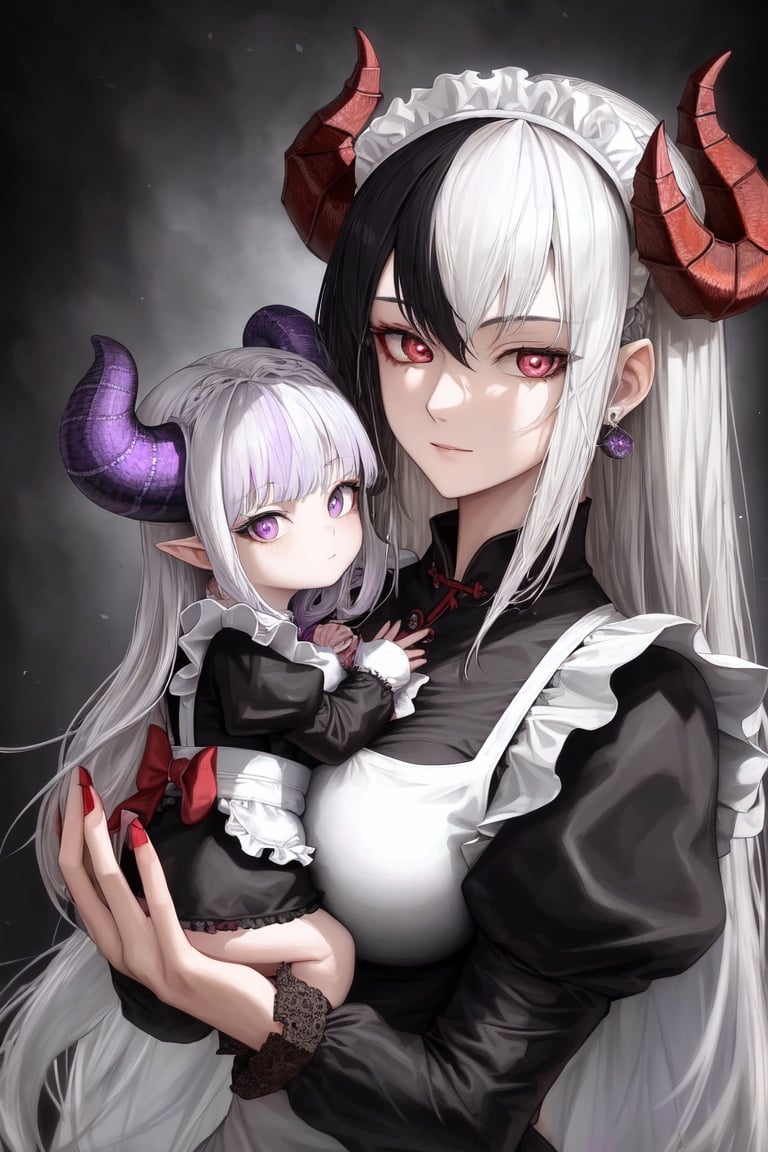 highres+, highest quality+, super detail+, masterpiece+, dragon girl, mother and daughter, beautiful, 2girls+ mother white hair, daughter black hair, dragon horns, maid, beautiful detailed eyes, two tone cerulean red eyes mother, Beautiful detailed eyes, two tone cerulean purple eyes daughter,