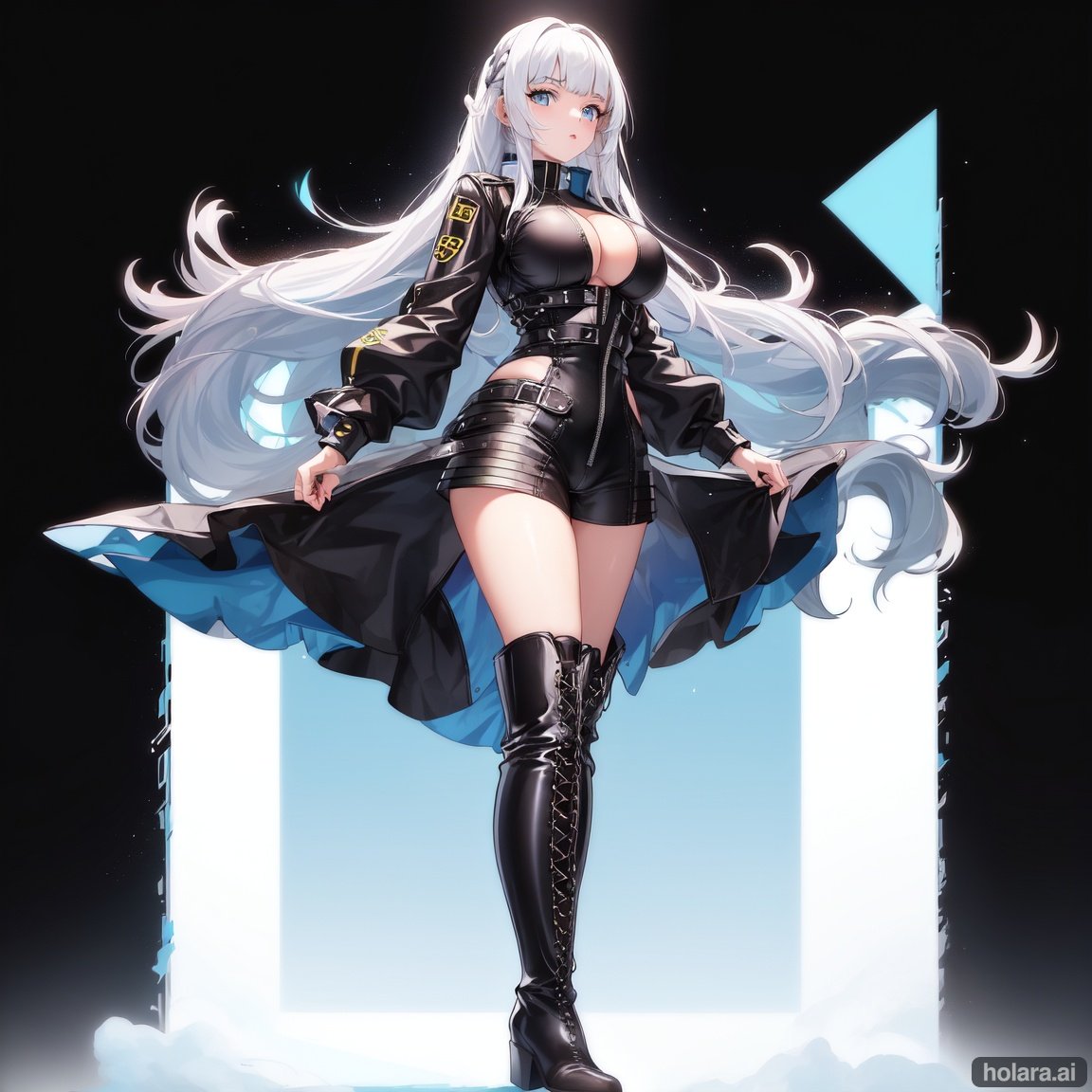 Image of 19 years old female, solo, (blunt bangs)+, (long hair)+++, big boobs, (white hair)+, (blue eyes)++,  (is wearing a black grid girl outfits)++, masterpiece, (high quality)+++, (is wearing long boots)+++, (feet)+,