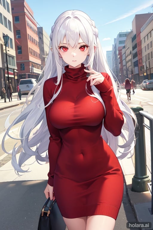 Image of Girl, very long hair, white hair, glowing red eyes, big breasts, walking, park, sunny day, winter, long tight red turtleneck sweater dress