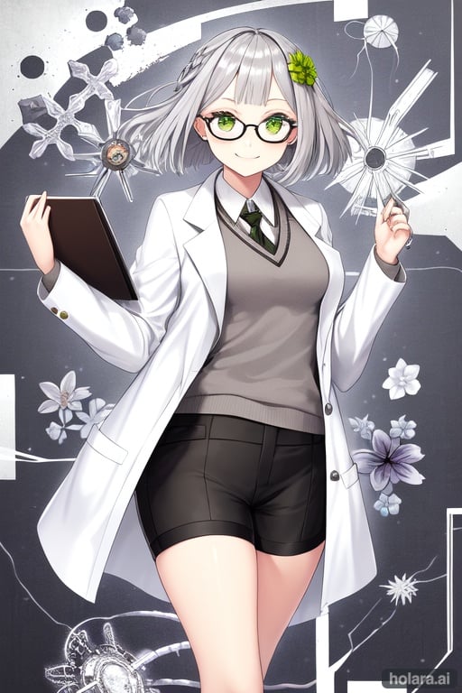 Image of 1girl, gles, grey hair, labcoat, shorts, sweater, smile, clipboard, intricate detail, silver hair, green eyes, flower, hair ornament