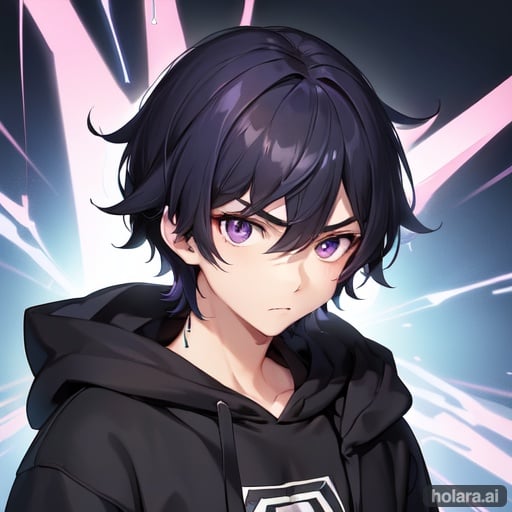 Image of a boy wearing hood and aiming to the viewer. That Boy es looking very closely, he face is shaded by her hoodie. He Purple Eyes are glowing., Black hair short, hair between eyes, hoodie, close up, shade, strong expression, serious, calm