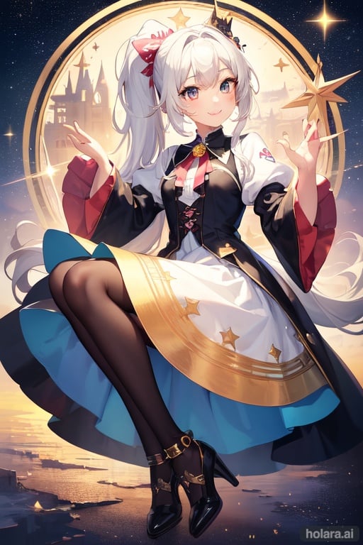 Image of masterpiece++, best quality++, ultra-detailed+, kawaii++, cute, lovely+, full body, in the middle, gradation, castle, magic circle, Starry sky, a cute girl, 1girl, solo, witch, beautiful white hair, beautiful black eyes, beautiful eyes++, ponytail, smile, sparkling effect, heart effect,Right hand holds a stick with a star-shaped tip.