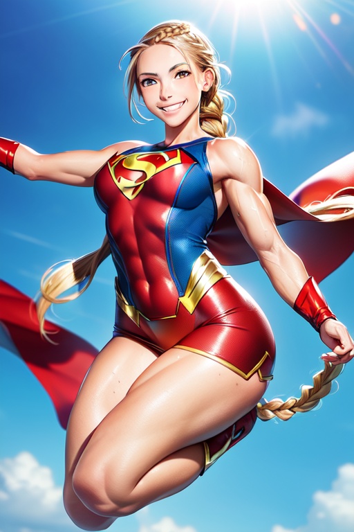 Image of 1girl, blonde, (extremely long hair)+, muscular+,  skinny+++, sweaty body+++, (french braid)+++, tight braid, smiling+++, (floating in air)+, (big shoulders)+, (superhero pose), superhero outfit), burgundy, gold