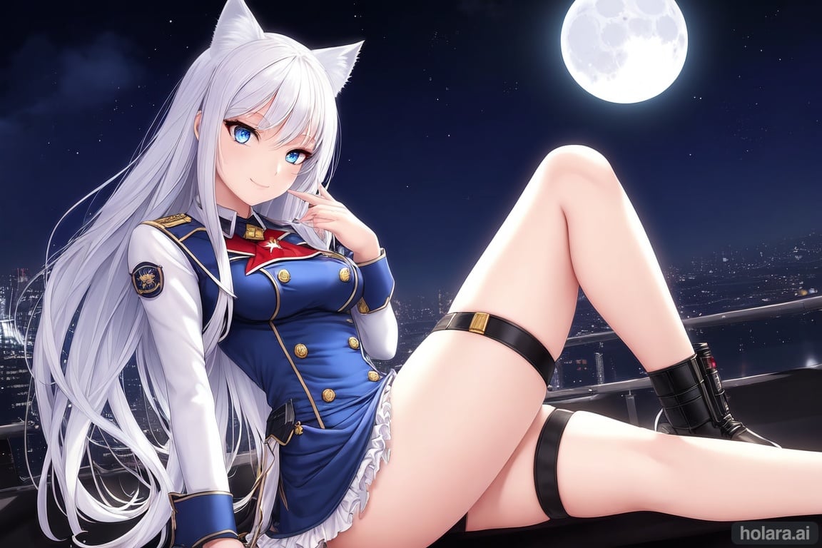 Image of masterpiece++, best quality++, ultra-detailed+, y++, ero+, anime style, moon, a little girl, , solo, military costume,, beautiful white hair, beautiful blue eyes, beautiful eyes++, cat ears, smile