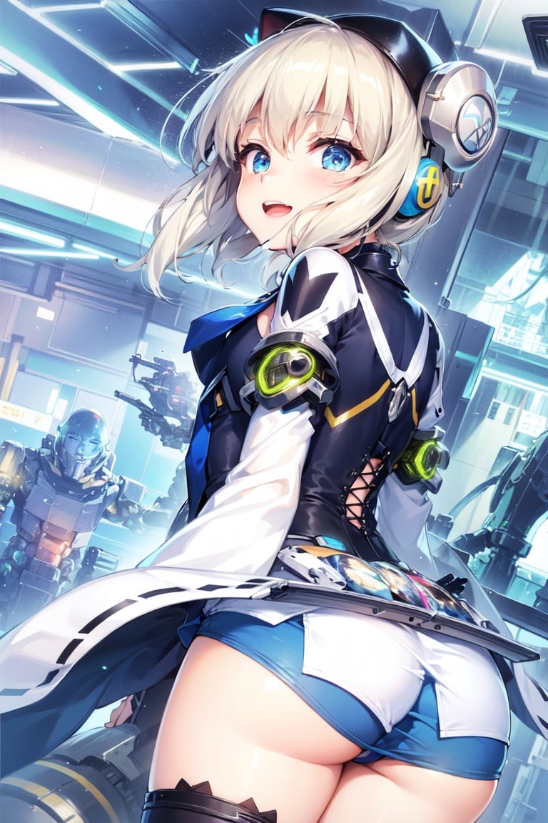 Image of (City street park metro station)++++ ( couple)+++, (middle breast)+, (cyborg mecha girl, impossible clothes)++++, (stylish angle)++++, (necktie)+++, jitome, (typography industrial Design headphone)++++,(cute loli)++, (cropped bangs)---, (braided bun)--, (drill hair)--, (lower bobbed hair)++, braid, (Twin tail)+++, (pony tale)+, (look at viewer)+++, ((open mouth)+++ smile (Love emotion)++)+++, (in heat, wide eyes, blush)++, (detached sleevs, very wide sleeves)++++, (mecha school uniform)+, (blue mecha corset pleats miniskirt)++++, (1 cyborg android middle chest loli)++++, (masterpiece, (excellent finely detailed, best quality), ultra-detailed), (stylish angle)+, (gleaming skin)+++++, glow eyes, (eyes highlight)++++ tsurime, (choke barrette beret cuffs)++++ (black gloves slobber material texture), (beautiful light effect)+++++ (beautiful scene)+++++ 