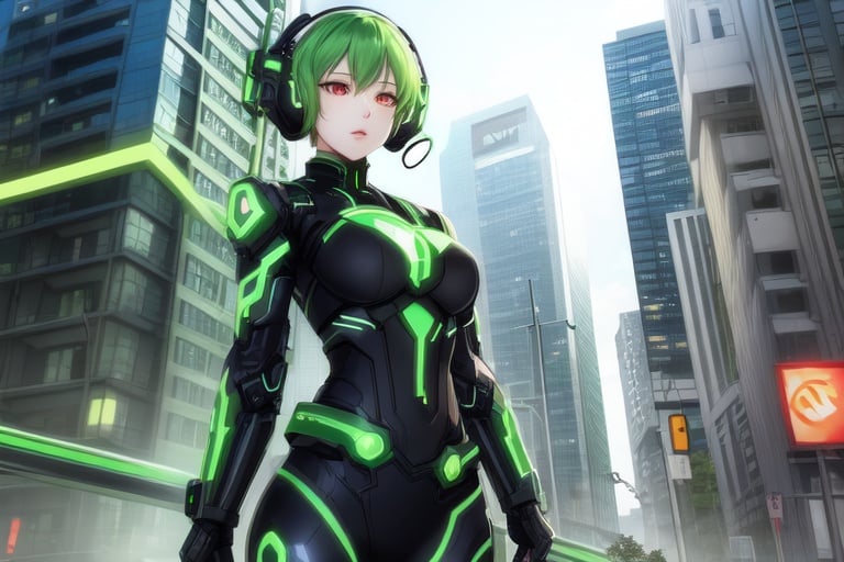 Image of 1 girl horizontal pose, alone, green hair, red eyes, curly hair, ears, technological fantasy clothing, technological urban landscape, repaired image