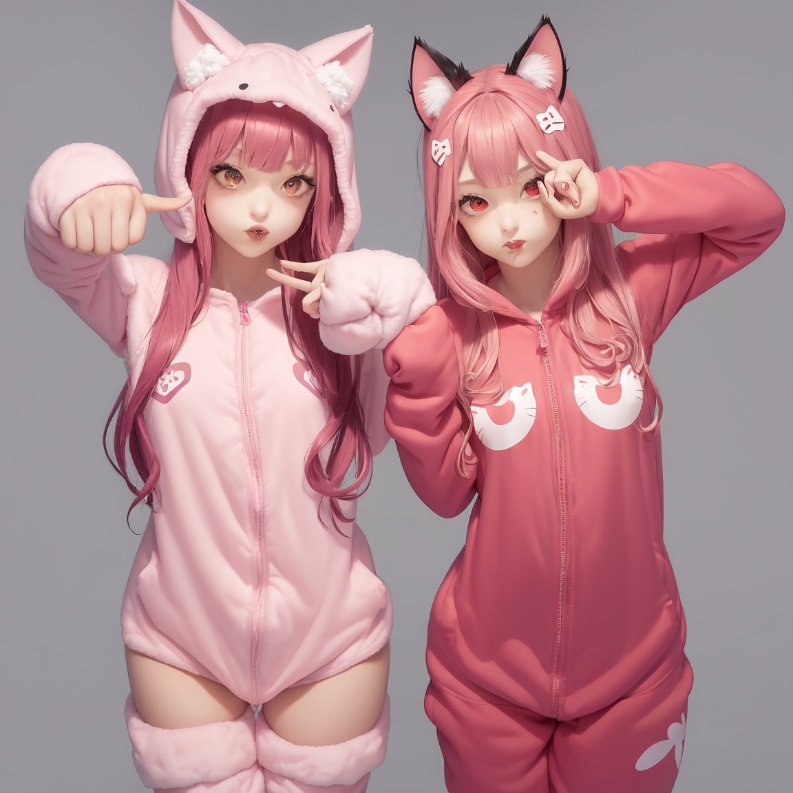 Image of 2girls, scenery, claw pose, pink hair, red eyes, :p++, curly hair, cat ears, kigurumi++,  onesie, boots, lace trim, wristband, lace trim, simple background