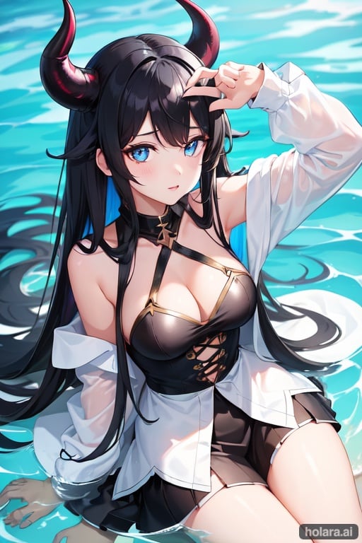 Image of High quality, from above, a girl with two black horns, long black hair, and bright, azure eyes.