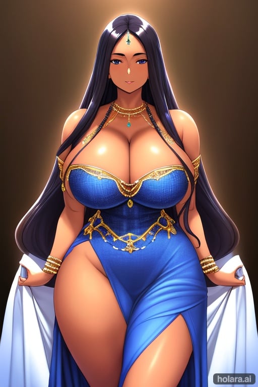Image of Brown Skin, thicc, Milf aura, curvy, Huge breasts, Beautiful, Long hair+++, Oil skin, Ultra Detailed, Absurdress, Blue Dress, Cleavage++, Straight hair+++, Perfect shaped body and limbs, Perfect breasts, Without deformities, Blue Eyes, perfect and visible hands, Bare shoulders, Milf++, wide Hips++