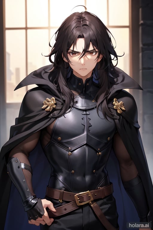 Image of Black, disheveled hair of medium length, a face with sharp, slightly haggard features, as if a very tired person. Brown eyes, the same tired, confident look. He is dressed in black leather armor on which he is wearing a cloak that completely covers the rest of his clothes.