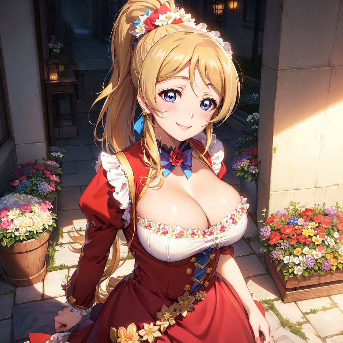 Image of masterpiece++, ultra-detailed++, pixiv++, best shadows++, best lighting++, best quality++,(ayase eli)+++,(lovelive)+++,(huge breasts)+,(red clothes)++,maid,1girl, solo,(smile)++, long hair,(ponytail)+++,(blue eyes)+++, jewelry, frills, (hair ornament)+,butterfly hair ornament, hair flower, Princess,headdress,red eye shadow,looking at viewer, bow,earrings, bouquet,(flower garden)+++,