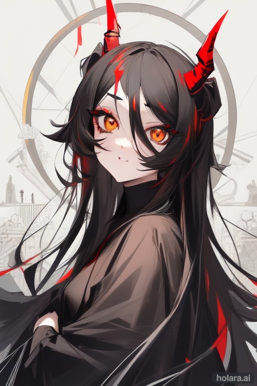 Image of 1woman, perfect face, perfect orange eyes, black long hair, little demon horns, normal clothes, sky, red cheeks, eyeliner, mascara, very little horns