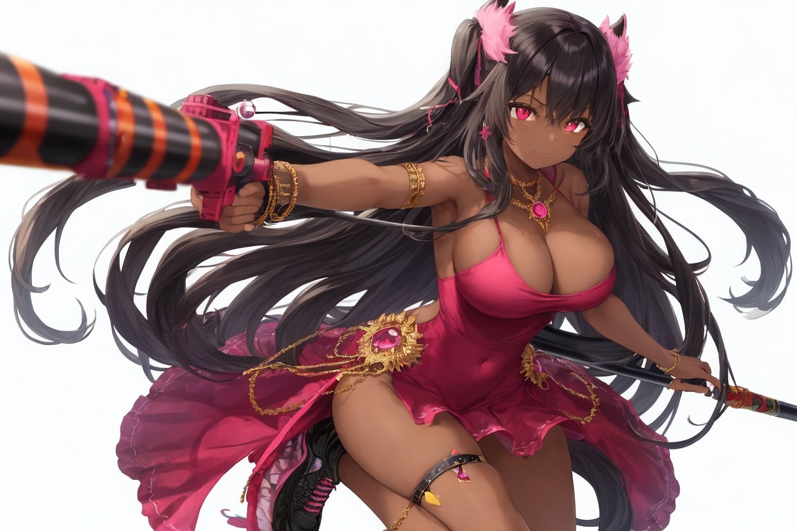 Image of absurdres, 1girl, dark-skinned female, long hair, black hair, red eyes, large breasts, cleavage, minidress, pink dress, necklace, bracelet, sneakers, bow (weapon), simple background, looking at viewer, dutch angle, smile, aiming at viewer