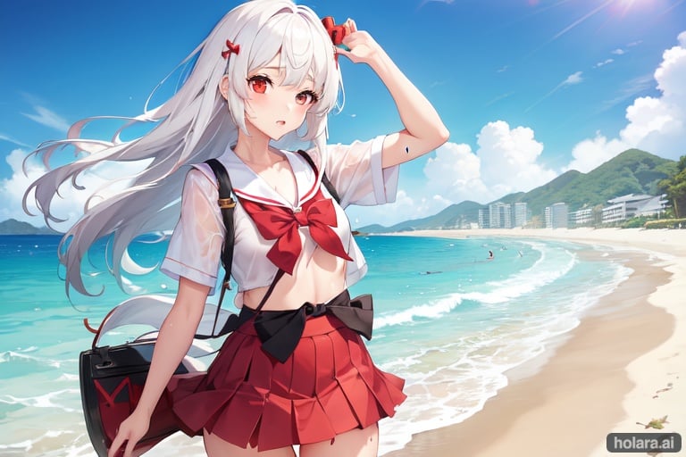 Image of japanese schoolgirl,beach,white hair,red eye,swimsuit, skirt, bow,wet,see trought