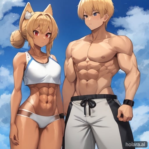 Image of Tan Skinned Japanese Girl with Roundy Head, Long Blonde Twin Ponytail Hair, Very Small Nose, Blue Tareme Eyes, Slender Body, Skinny Arms, Very Thick Legs, Large Breasts, and Navel, highly toned abdominals, and Pale Skinned Japanese Boy with Brown Short Spiky Hair with Swoop Bangs, Round Head, Blue Tsurime Eyes, Muscular Body, Six-Pack of Abs, Shirtless, Heterosexual Couple, 