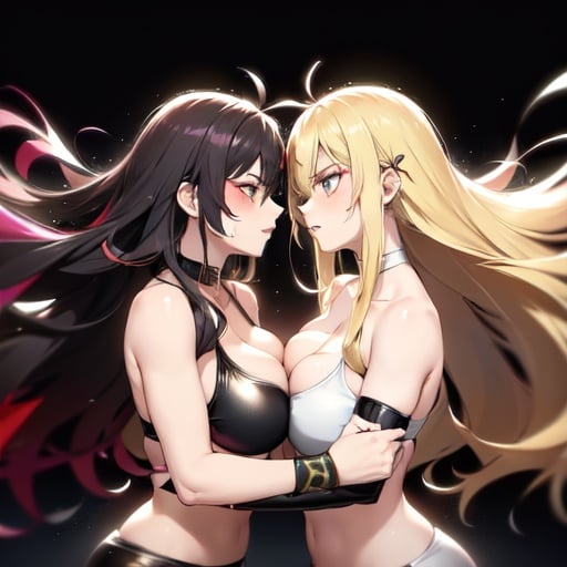 Image of 2girls, female+, long hair, messy hair, multicolored hair, makeup++, eye shadow, blonde hair, dreamlike, ethereal, perfect face++, perfect eyes++, volumetric lighting, chromatic aberration, perfect shadows, cleavage++, wrestling+++, fighting each other+++, punching each other+++, fighting+++