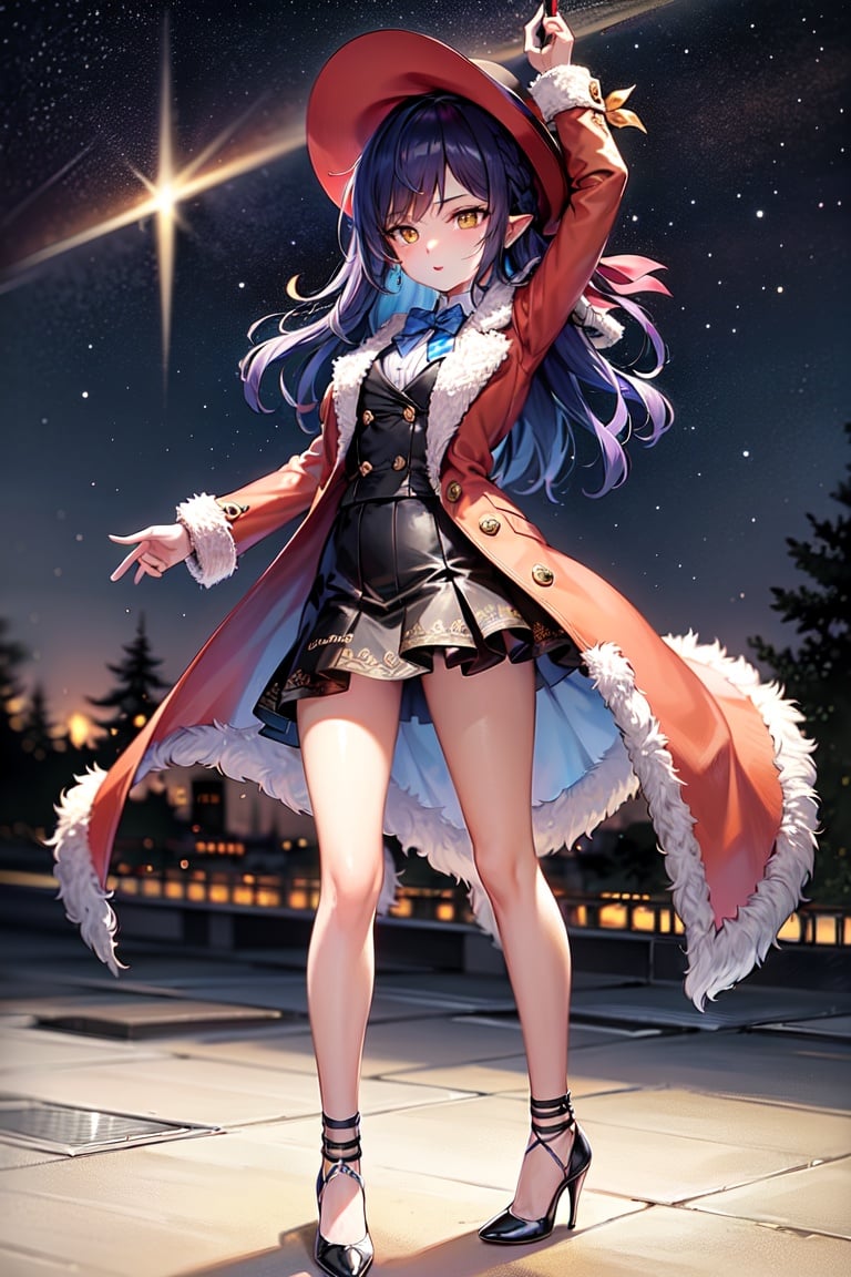 Image of 1girl, solo, walking, blue hair, yellow eyes, spiked hair, hat, pointy ears, coat, high heels, armband+, bowtie, starry sky