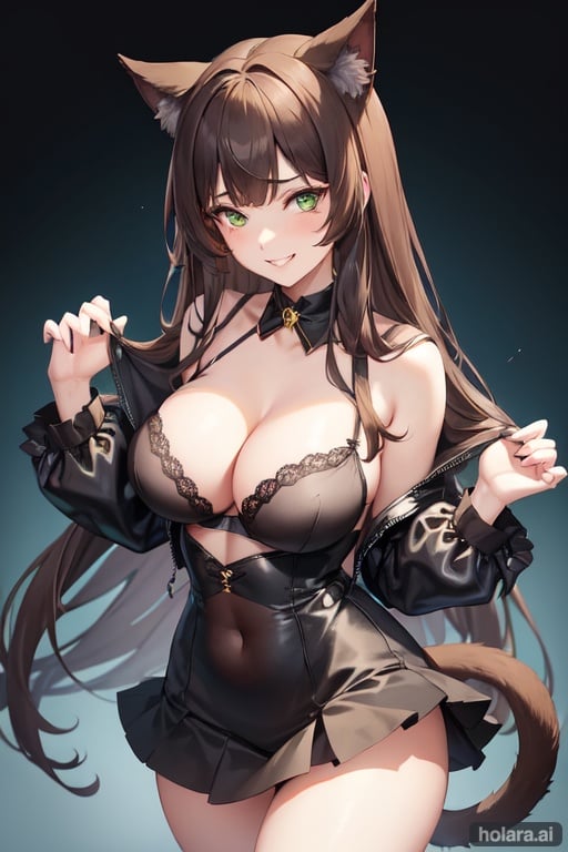 Image of y catgirl, green eyes, large breasts, wearing black skirt and bra, catears, long brown hair, tail around mesmerized man, grinning evilly