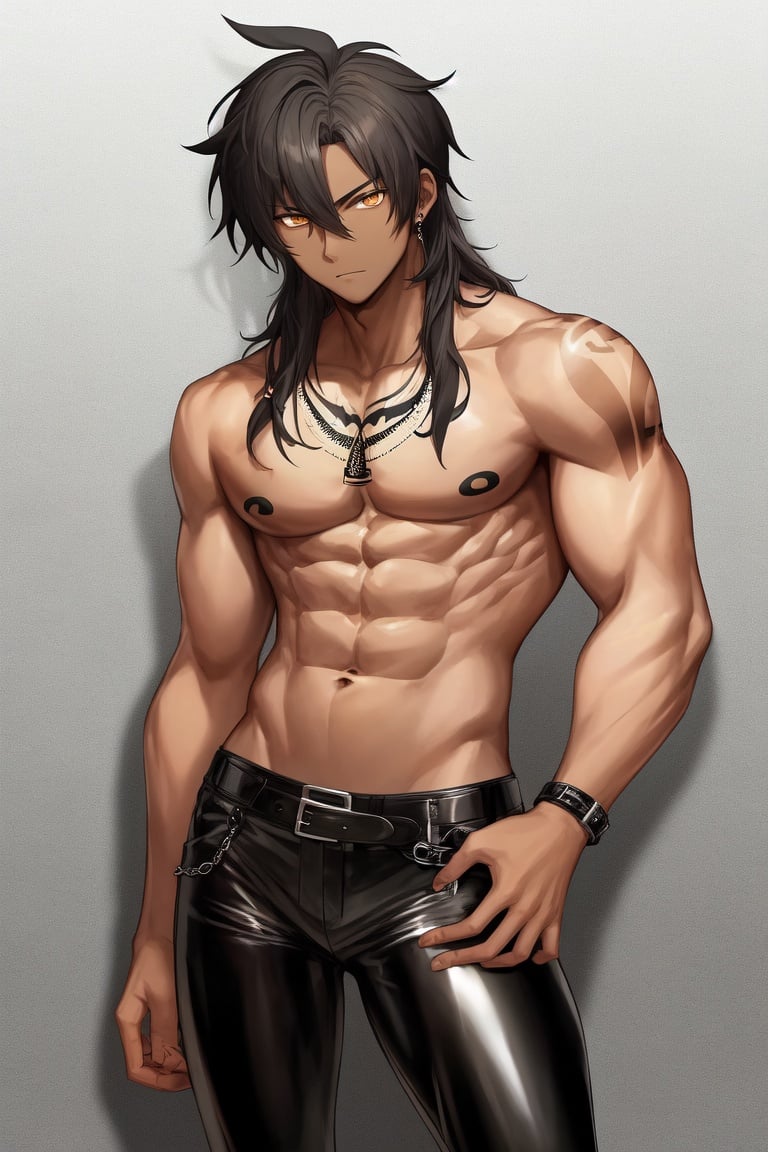 Image of Tall dark-skinned guy, disheveled long black hair, muscular, tattoos on the body, leather pants.