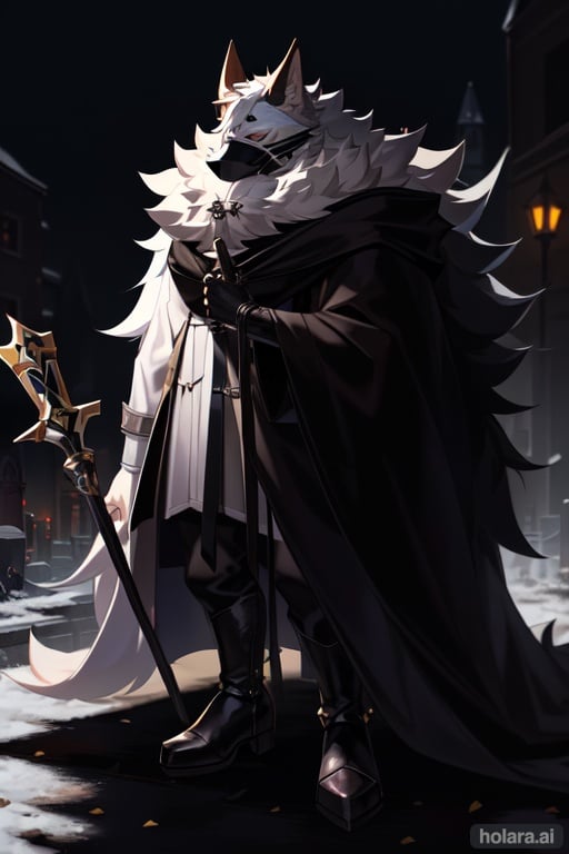 Image of 1man+++, white mask++, featureless mask+, dark gray cloak+, weapon, holding, halberd+, big shield, black gloves, black boots, dutch angle, black eyes, d&d, grave domain cleric, edgy, night, big moon, standing, alley, chainmail, black hair, long hair, original, two-handed,