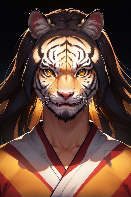 Intricate detail, masterpiece, (detailed), (over detailed eyes), high octane, absurdres, solo, male focus, brawler, man, white tiger,  human face+++, tiger tail, only one tail, black and white kimono, fighter stance, gold eyes++, detailed background, bamboo forest,  white hair, fangs, stripes+++, cat whiskers+, stripes on face++, realistic shadows, perfect lighting, cinematic lighting, realistic shadows [Tranquility Model]
