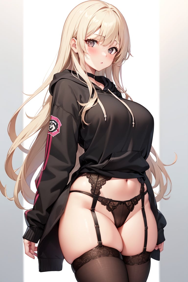 Image of (1girl)+, long hair, blonde hair, bangs, tousled hair+, gray eyes+, beautiful face, voluptuous, huge breasts, thin waist, wide hips, thick thighs, looking at viewer, blush, (small hoodie+, laced micro bikini garter belt, garter straps, stripped thighhighs)