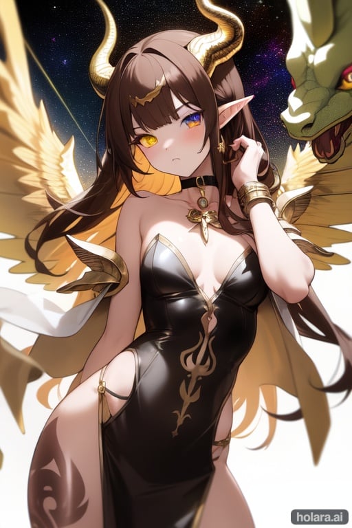 Image of Girl, gold horns, gold dragon wings, chromia, appropriate clothes, brown hair, pointy ears, space power, daytime, snake tatoo, choker, quiver, meadow setting
