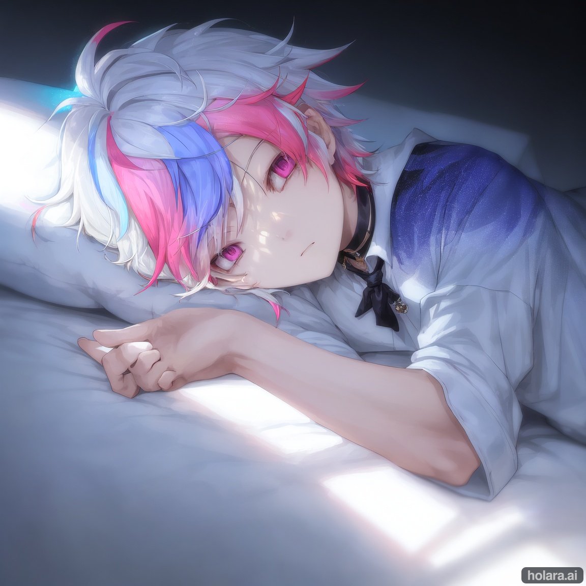 Image of 1male, small boy, (multi-coloured hair)+, sleeping, dreaming, opaque gl, light pastel, neon, (colourful)+, bright colours, brilliant, glowing, (radiant)+, vivid, lively, animated, dramatic, picturesque, phenomenal, (beautiful lighting)+, sun beams, male focus, eyebrows visible through hair, beautiful eyes, fantasy, (unique)+