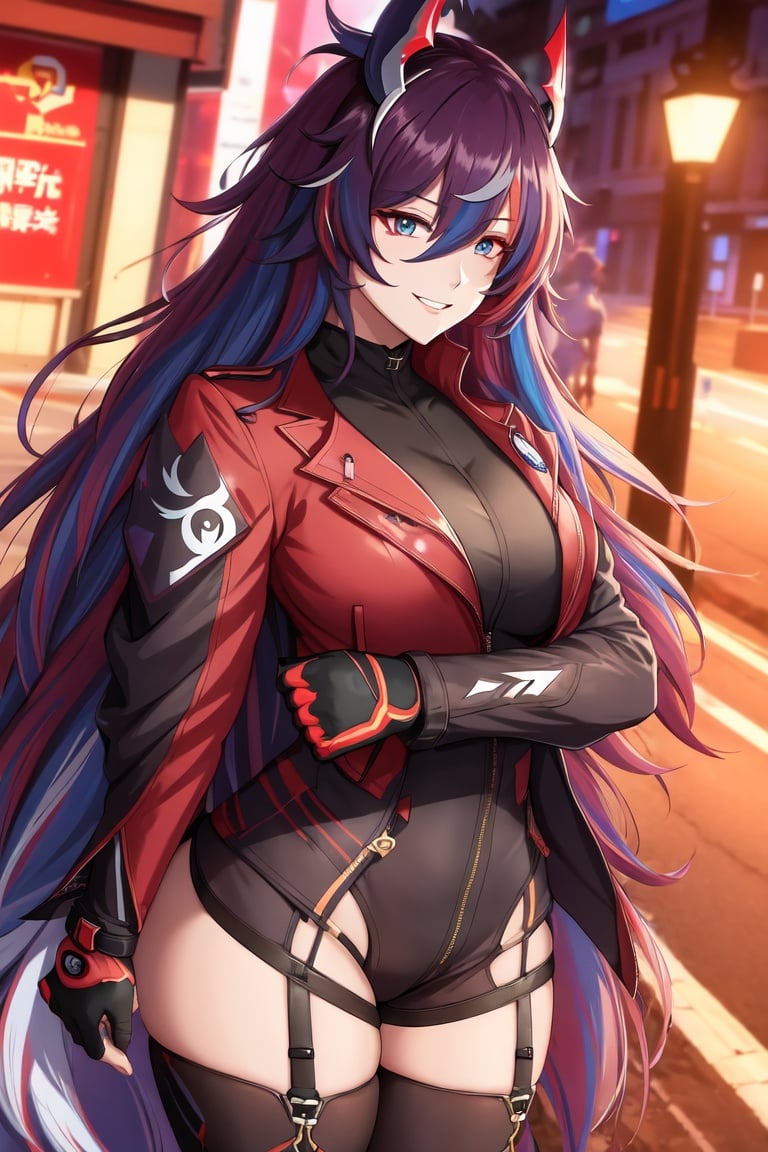 (illustration, honkai impact, masterpiece, perfect anatomy, perfect hands)++, outdoors, anime screencap, 1 girl, (dark skin), elf ears, red hair, wavy hair, blue eyes,  curvy, sci-fi, neon jacket, thighhigh, citystreets. neon, nighttime,(toned body, tight clothes), (Broad shoulders,thick muscular body, tall+, fit+),  gloves,  jacket, belts, shorts, dramatic shadows, fur collar, long hair, dark, crazy eyes, multicolored hair++, evil smile, complex background, Perfect female body, hair between eyes, bangs, eyebrows visible through hair, hair ornament,
