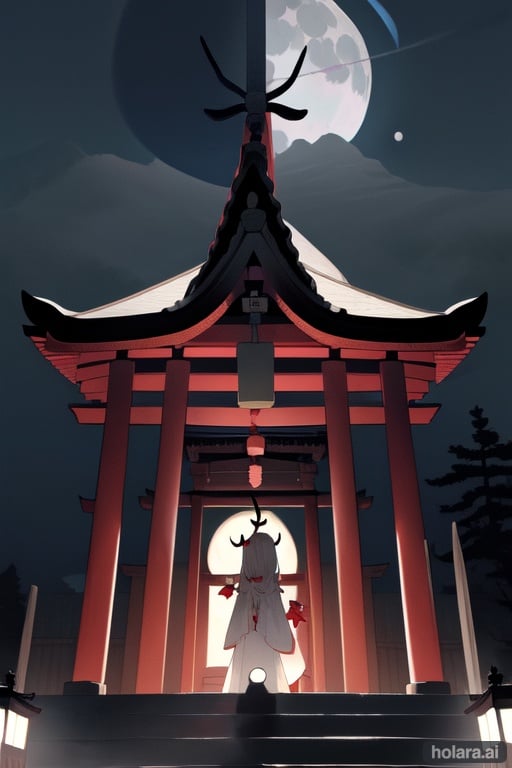 Image of masterpiece, highly detailed, majestic, (moon behind shrine)++, night, big shrine, (shrine subject)+, stairs-, pale demon girl, kimono, back turned, (tall antlers)++
