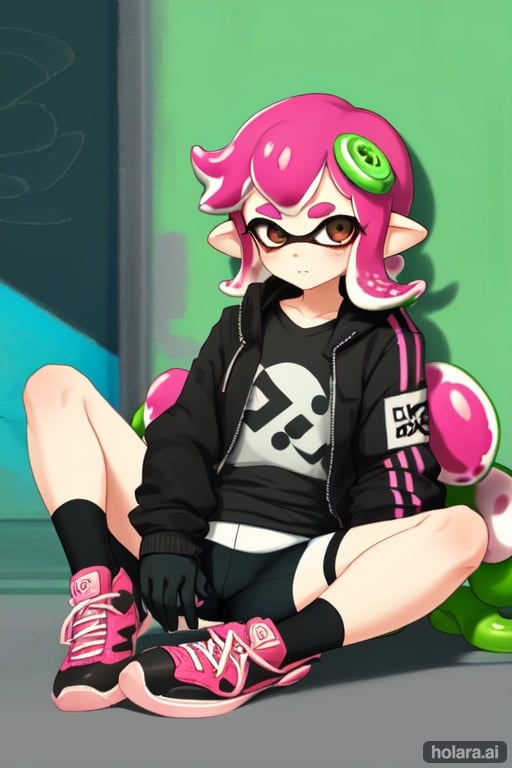 Image of ika_esu, splatoon_(series) , inkling_girl, tentacle_hair, bike_shorts, sneakers , sitting, from_above, looking_at_viewer , open_clothes, jacket