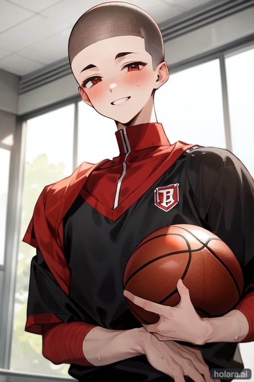 Image of 1boy, buzz cut++, dark red hair, basketball uniform, school gym, blushing, smile, nervous, standing