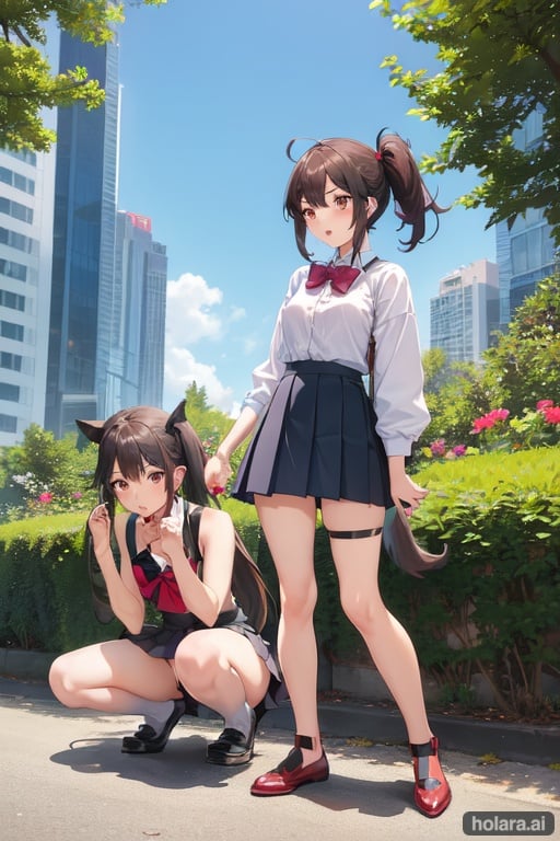 Image of Two girls, BDSM, one girl standing, holding leash, one girl on knees, collared, girl wearing collar, girl dominating other girl, domination, dog girl, pony tail, medium length hair, dark brown hair, brown eyes, cute+, petite body, perfect body, thigh high socks, legs spread+, up skirt, , , highly detailed, two legs, two arms, four fingers, 1 thumb, anatomically correct hands, perfect hands, anatomically correct feet, perfect feet, open mouth, anime eyes, anime face, cute anime face, small feet+, cute feet, underwear showing, thighhighs, bowtie, pleated skirt, park beach, outside, park