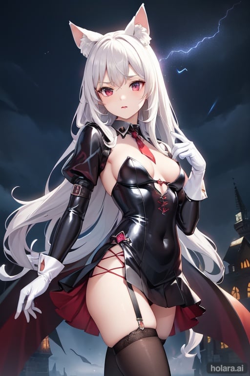 Image of latex, witch, medieval ,magic, small breast ,small butt ,background thunder ,tempest, atmosphere dark ,atmosphere dark red light, multiple girls, white gloves,tie, fantasy,kemonomimi,nekomimi