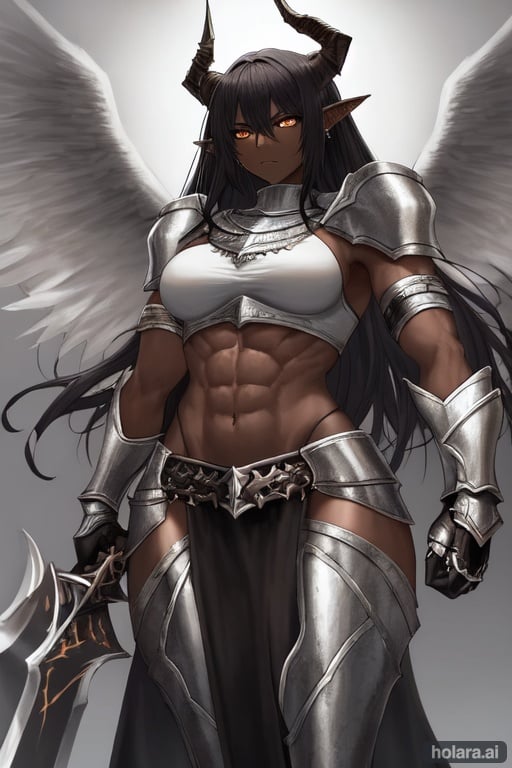 Image of 1female,dark skin,black skin, body builder female,muscular female, muscular,large breasts, thick thighs,white and black hair,hetochromia,nephalem, tomboy,fully armoured,fully clothed,plate armour,heavily armour,cursed sword,angel sword,demonic sword,demon sword,holy sword,angel wing,demon wing,demon horns,angel halo,best quality+++,masterpiece+++