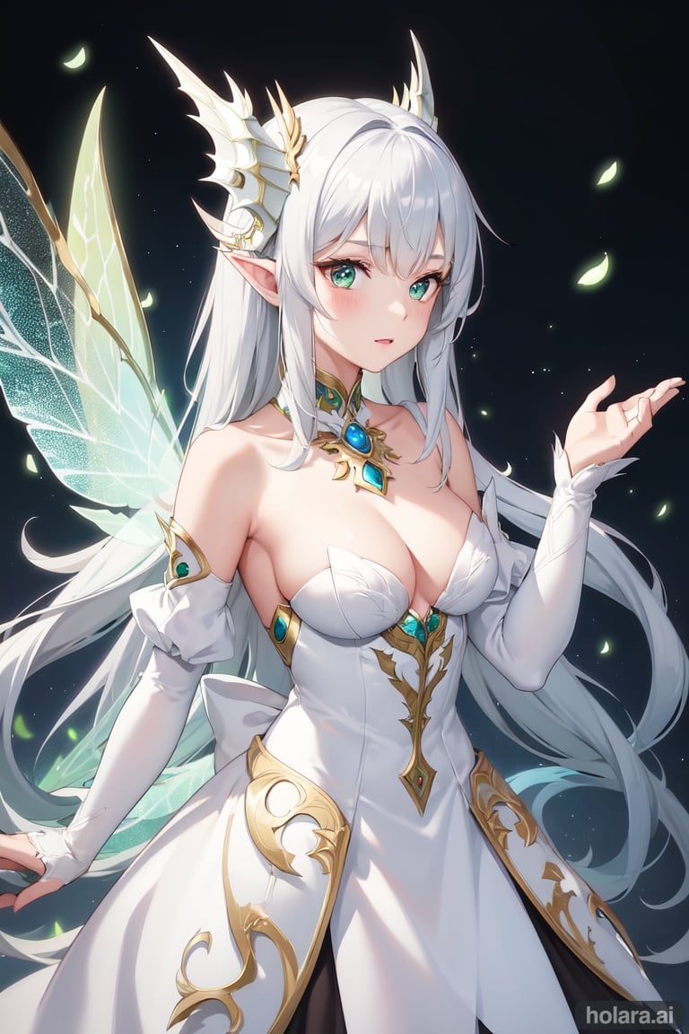 Image of Fairy, silver hair, green dragon-like armor, white dragon-fairy wings, grey dragon-like mask, masterpiece, best quality