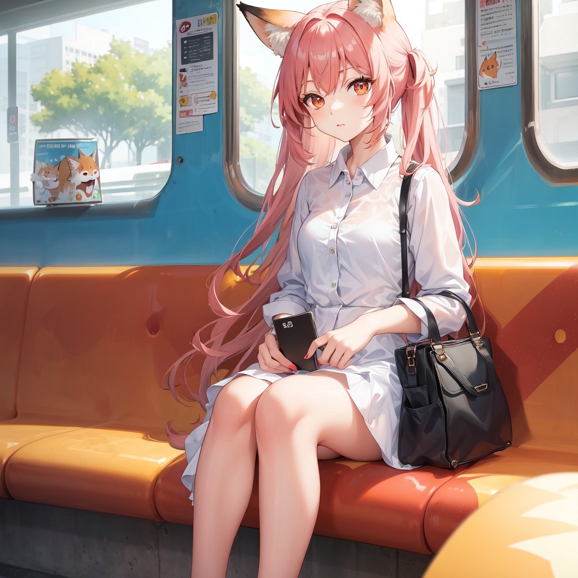 Image of Foxgirls, in subway, sitting, summer dress, white shirt