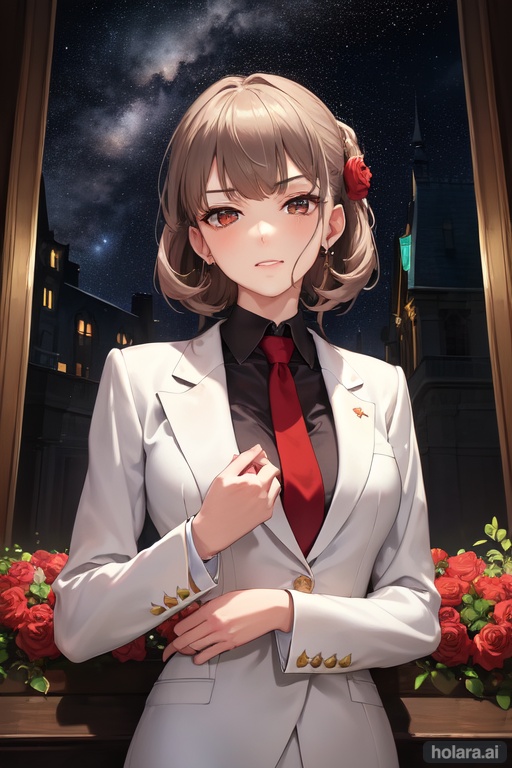 Girl, white suit, red tie, mansion, night
