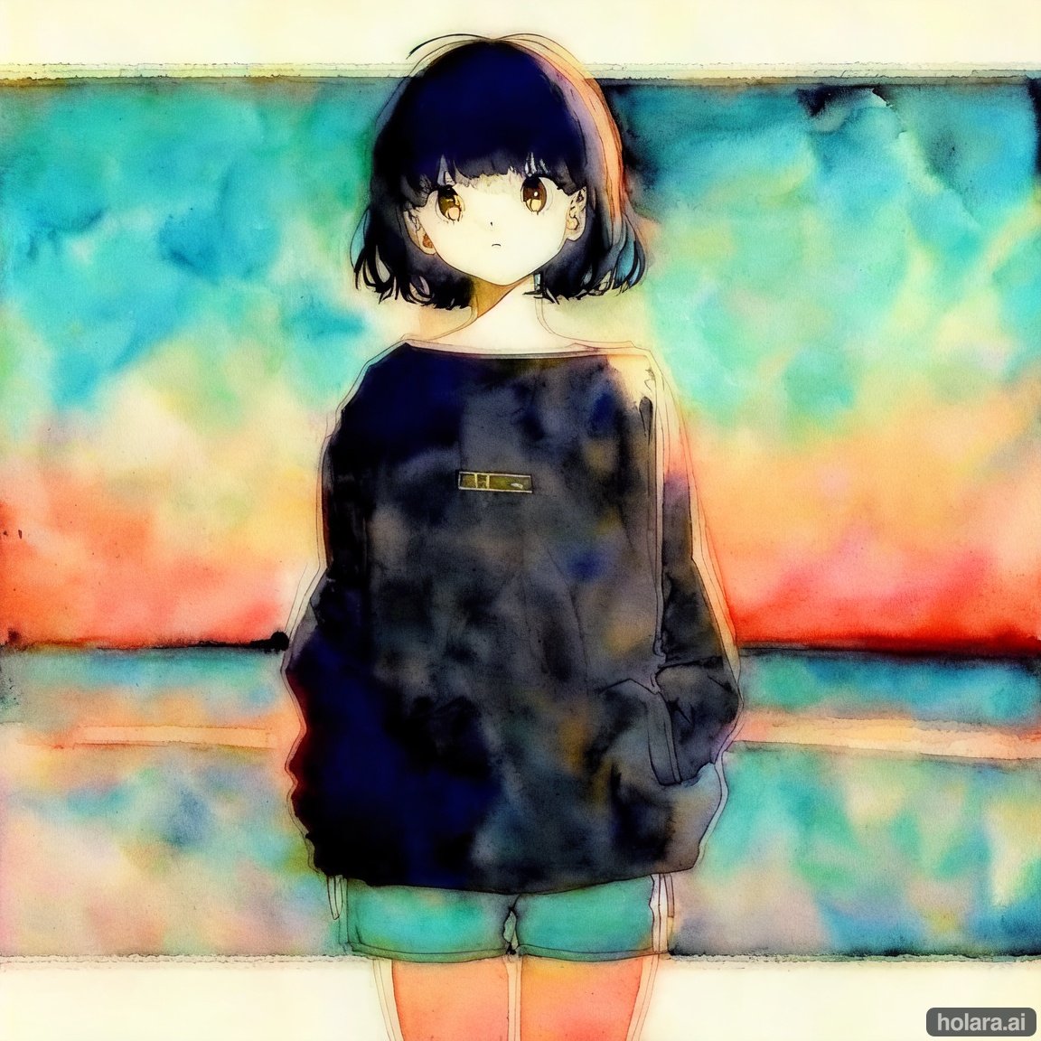 Image of Small girl, oversize sweater, large sweater, athletic shorts, short hair, (lineart)+++, traditional media, watercolor, (retro)++, night sky, summer beach, sunset, phenomenal, phenomenal lighting, depth of field, aesthetic
