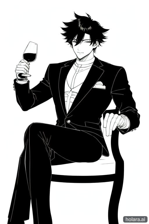 Image of (black and white)++, (monochrome)++, (boy)+, (male focus)+, sweater, (handsome)+, (straight hair)++, black hair, (manhwa)+++, Korean, white background, (lineart)+++, cute,(baby face)+, baggy clothing,black gloves, holding a glass of wine and sitting on a chair with a playful smile