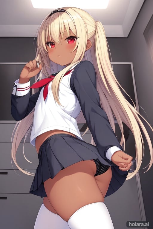 Image of 1 little girl, masterpiece, solo, white , round , looking at viewer, embarrasing, dark skin, long hair, blonde hair, red eyes, school uniform, thighhighs, bedroom