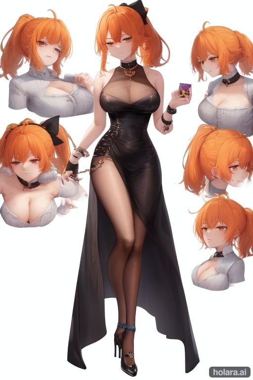 Image of (masterpiece), best quality, expressive eyes, perfect face, beautiful young girl, 1girl, orange hair, ponytail, orange eyes, dark purple outfit, looking down, standing, smirking, four playing card in the right hand, ace of hearts in the left hand, black heeled shoes