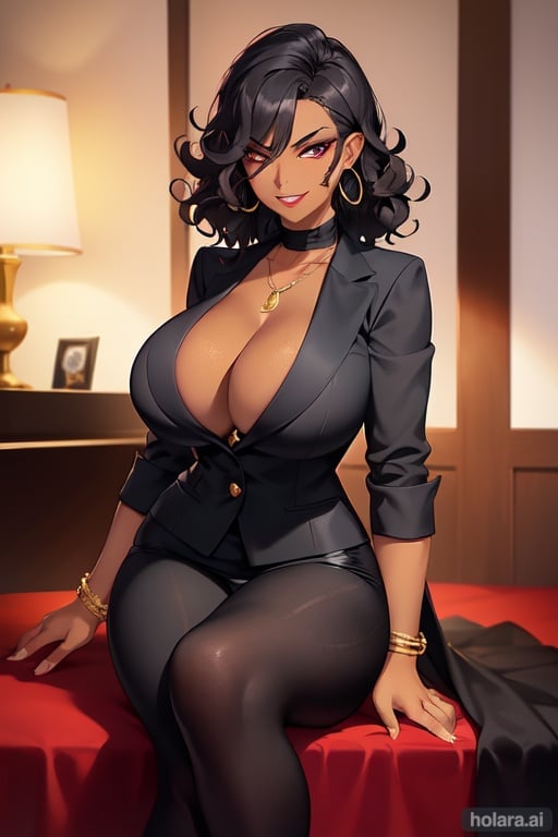 Image of 1 girl, solo, looking at viewer, mature, latina, evil smile, black curly hair+++, thick lips+, thick eyelashes+, eyeliner+, hoop earrings+, masterwork, super quality, ultra quality, villain, evil smile, cleavage, (mafia woman)+++, jewelry, suit+++, sitting, tan skinned++, (dark skin)++
