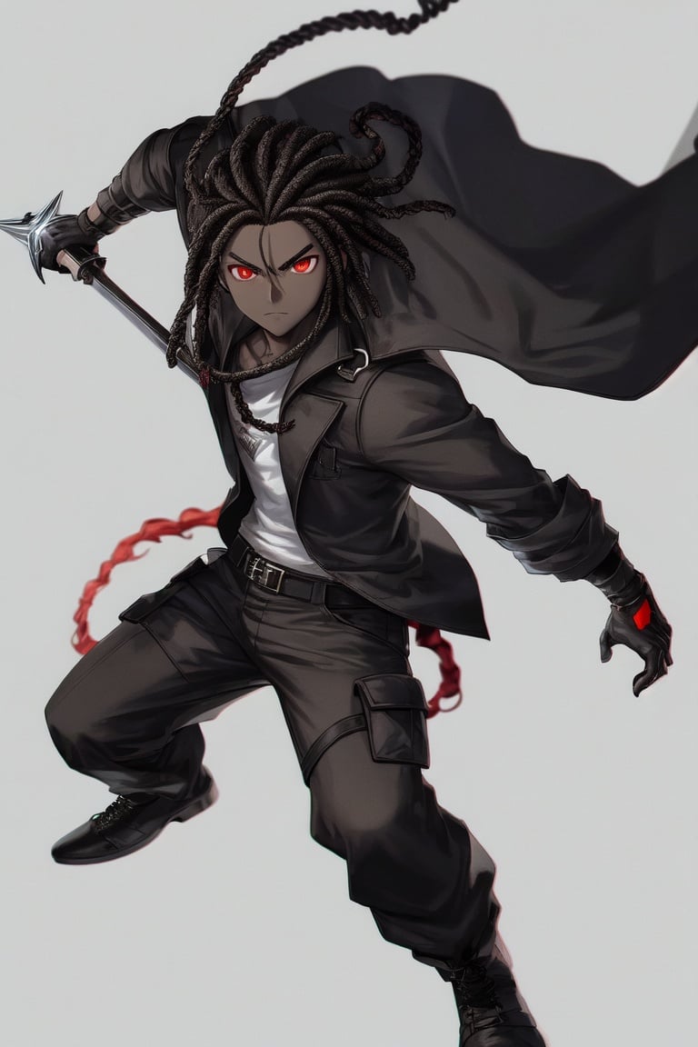 Image of absurdres, 1boy, dark-skinned male, medium hair, black hair, red eyes, dreadlocks, black jacket, undershirt, cargo pants, combat boots, greatsword, simple background, looking at viewer, dutch angle, expressionless, full body, fighting stance