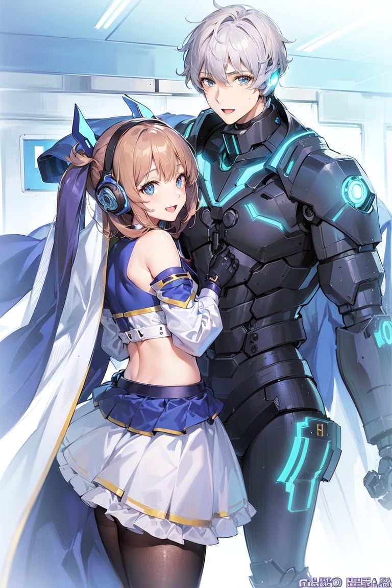 Image of (City street park metro station)++++ (hetero couple)+++, (middle breast)+, (cyborg mecha girl, impossible clothes)++++, (stylish angle)++++, (necktie)+++, jitome, (typography industrial Design headphone)++++,(cute loli)++, (cropped bangs)---, (braided bun)--, (drill hair)--, (lower bobbed hair)++, braid, (Twin tail)+++, (pony tale)+, (look at viewer)+++, ((open mouth)+++ smile Love emotion)+++, (in heat, wide eyes, blush)++, (detached sleevs, very wide sleeves)++++, (mecha school uniform)+, (blue mecha corset pleats miniskirt)++++, (1 cyborg android middle chest loli)++++, (masterpiece, (excellent finely detailed, best quality), ultra-detailed), (stylish angle)+, (gleaming skin)+++++, glow eyes, (eyes highlight)++++, tsurime, (choke barrette beret cuffs)++++, (black gloves, slobber, material texture), (beautiful light effect)+++++, (beautiful scene)+++++＋ nsfw