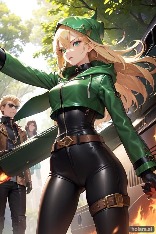 Image of Bold and daring bushy haired blonde girl between 21 and 25 years old dressed in a tight green leather jacket with a hood. He also wears black leather pants. His eyes are large and green like emeralds. She is standing on a moving train and is shooting arrows with a Steampunk style bronze bow. The Train is running through a forest in the middle of a war