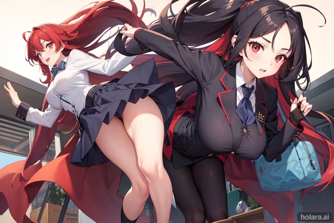 Image of high quality, realistic, full body, ((2girls;1.8)), tall female, huge breasts , ((Rias Gremory;1.2, (red hair, very long hair, school uniform, blazer, lowleg skirt, knee boots))), school, classroom, window, smiley face, school bag, people, chair, ((Himejima Akeno;1.2, (black hair, ponytail, school uniform, blazer, lowleg skirt, knee boots)))